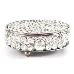 Crystal Trinket Round Organizer Mirrored Jewelry Chrome Accents Keepsake Chest